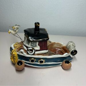 Blue Sky Clayworks Heather Goldminc Fishing Tug Boat Tealight Holder 2004 Signed